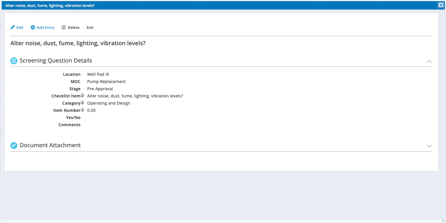 screenshot of Management of Change